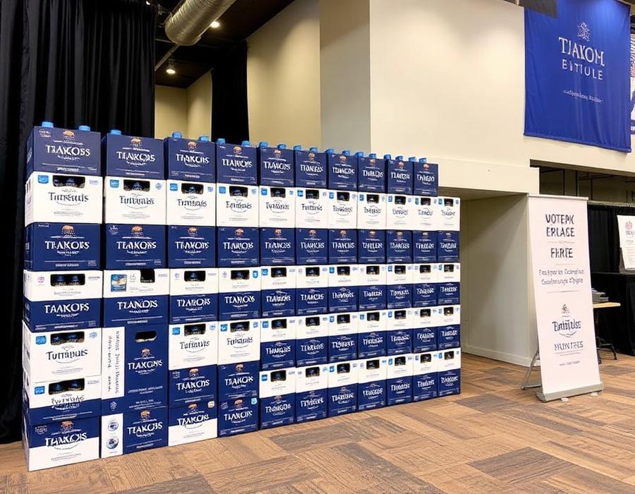 Stacked cases of customized Aven Pure water bottles