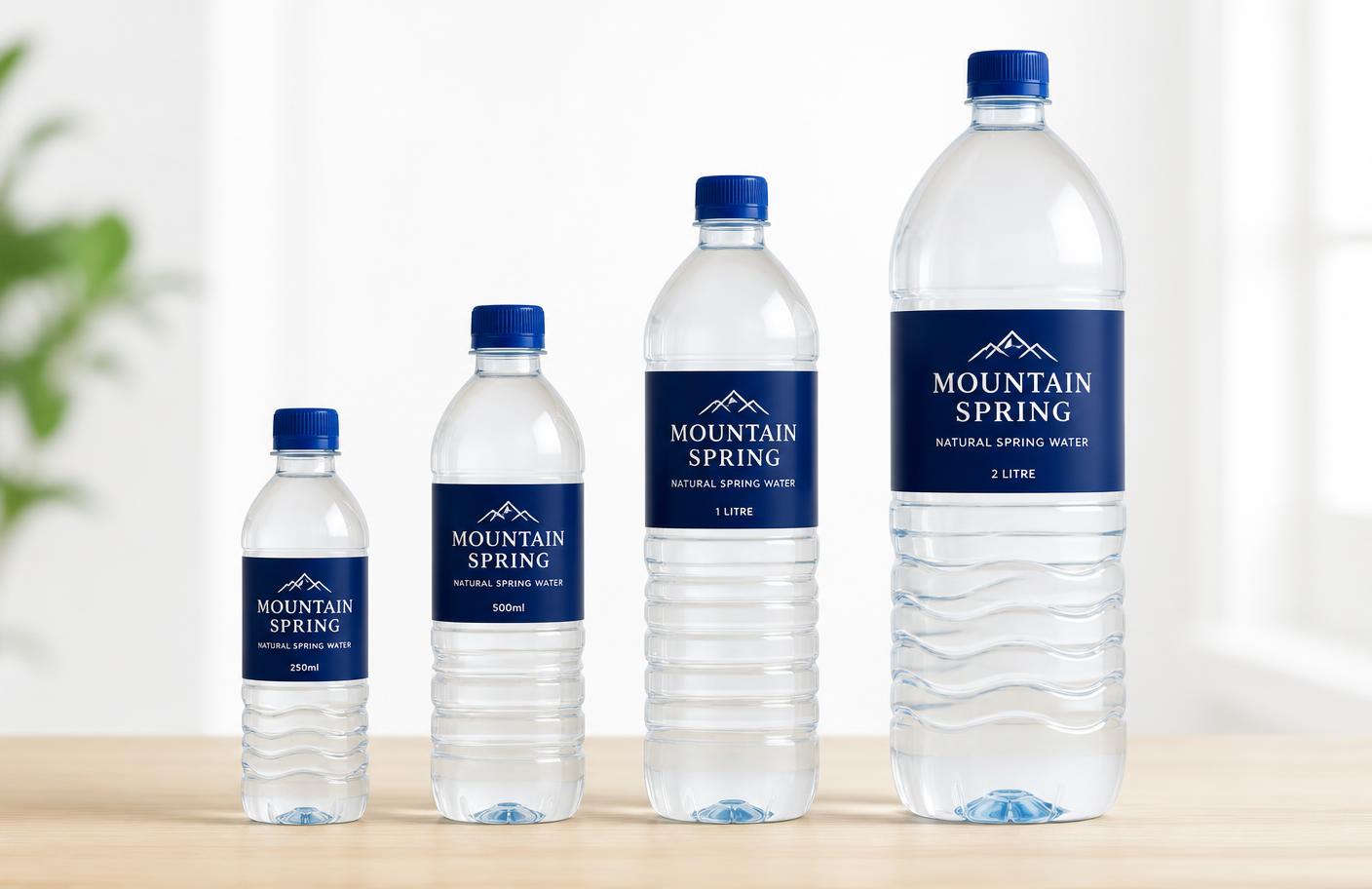 250ml, 500ml, 1 litre and 2 litre branded water bottles side by side